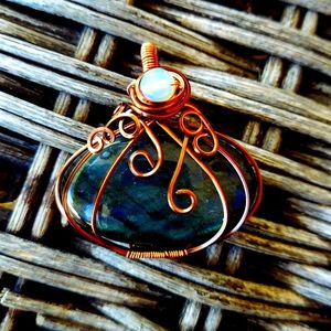 Labradorite opalite pumpkin wire wrap pendant